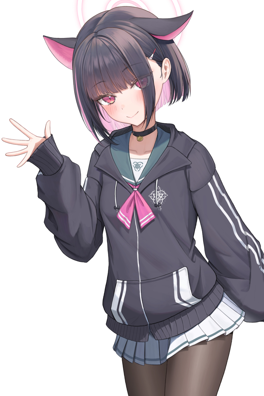 1girl, :>, absurdres, animal_ears, black_choker, black_hair, black_jacket, blue_archive