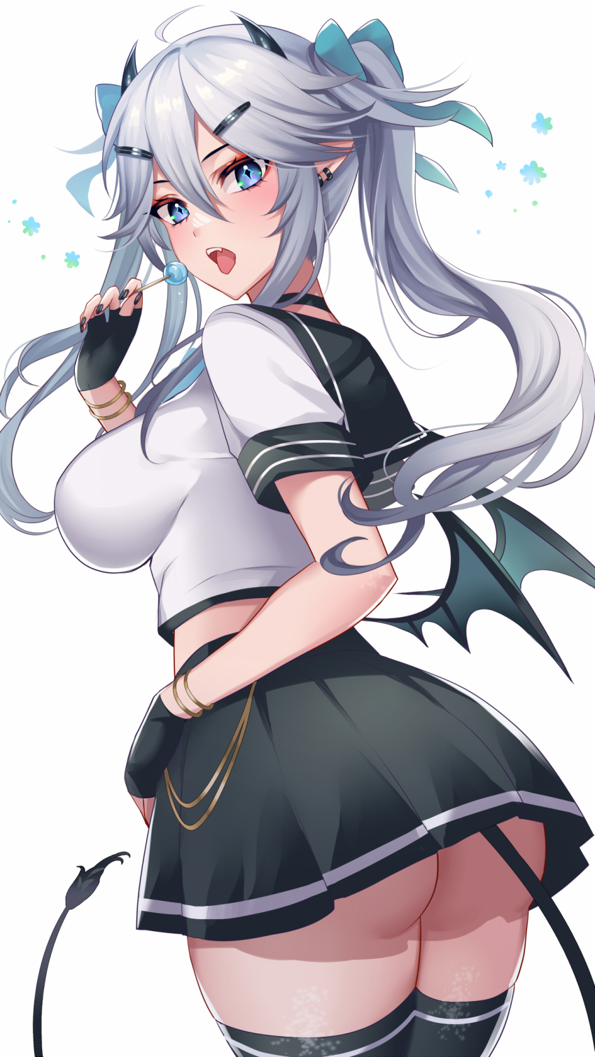 1girl, ahoge, aqua_bow, ass, black_gloves, black_horns, black_nails, black_sailor_collar, black_skirt, black_thighhighs, blue_eyes, bow, bracelet, breasts, candy, demon_horns, demon_tail, earrings, food, from_behind, gloves, grey_hair, hair_between_eyes, hair_bow, hair_ornament, hairclip, highres, hioka_h, holding, holding_candy, holding_food, holding_lollipop, horns, indie_virtual_youtuber, jewelry, large_breasts, lollipop, long_hair, looking_back, open_mouth, pointy_ears, sailor_collar, school_uniform, shirt, skirt, solo, symbol-shaped_pupils, tail, teeth, thighhighs, tongue, twintails, upper_teeth_only, vei_(vtuber), vei_(schoolgirl_2.0)_(vtuber), virtual_youtuber, white_shirt