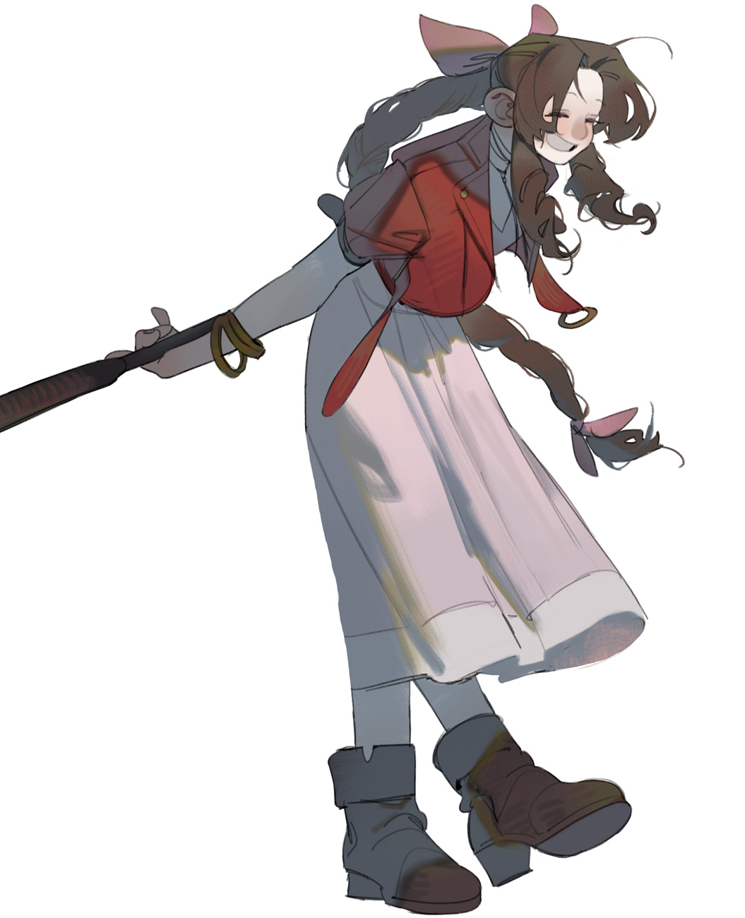 1girl, aerith_gainsborough, arms_behind_back, blush, boots, bow, bracelet, braid