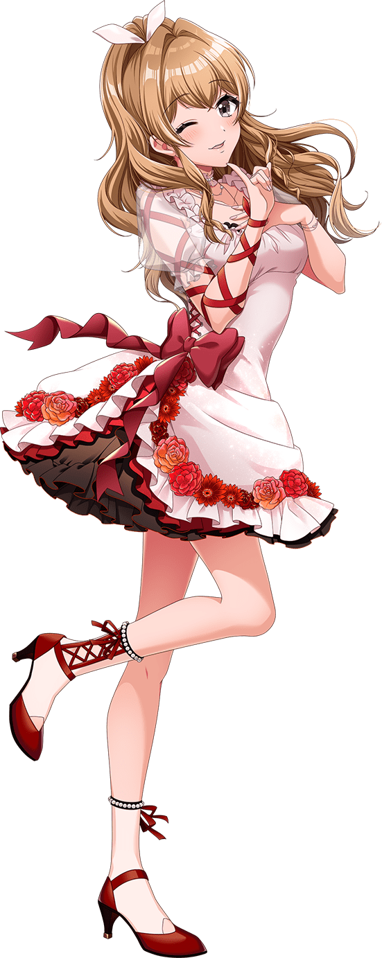 1girl, bead_choker, beads, bow, choker, collarbone, criss-cross_straps, crossed_bangs, d4dj, dress, dress_bow, dress_flower, flower, hair_ribbon, hand_on_own_chest, high_heels, high_ponytail, highres, kase_mana, leg_up, light_brown_hair, long_hair, official_art, one_eye_closed, open_mouth, pinky_out, ponytail, red_bow, red_flower, red_footwear, ribbon, short_dress, simple_background, sleeveless, sleeveless_dress, smile, solo, standing, standing_on_one_leg, transparent_background, two-sided_dress, two-sided_fabric, white_dress, white_ribbon