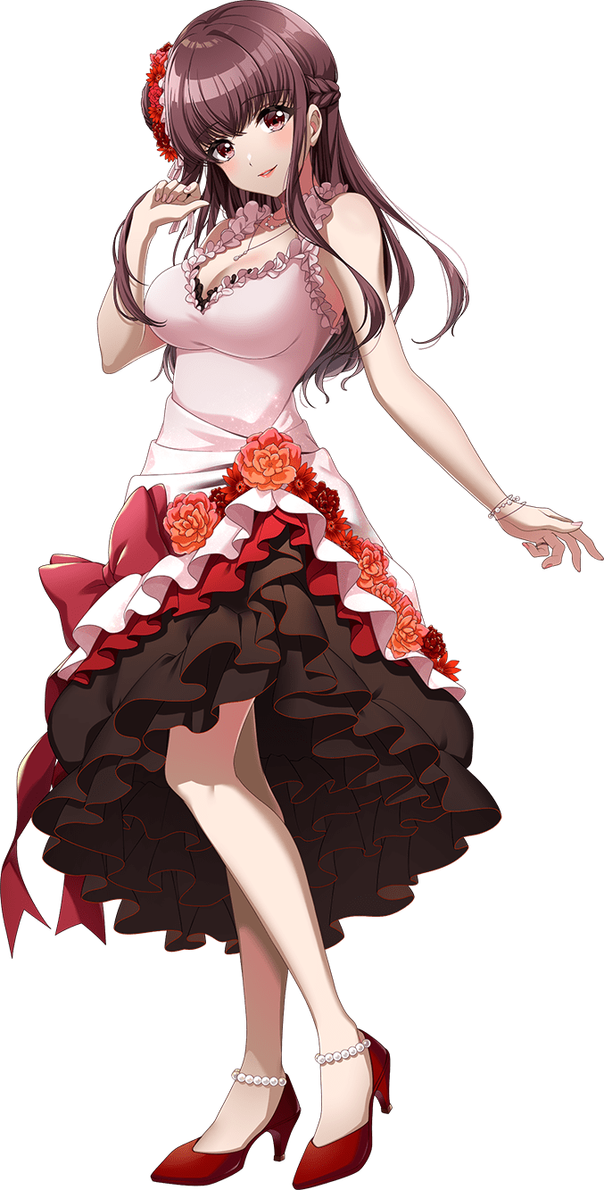 1girl, amano_airi, bead_bracelet, beads, black_dress, bow, bracelet, braid, breasts, brown_hair, cleavage, crossed_bangs, d4dj, dress, dress_bow, dress_flower, flower, foot_up, french_braid, frilled_dress, frills, hair_flower, hair_ornament, hand_up, high_heels, highres, jewelry, large_breasts, lips, long_hair, looking_at_viewer, official_art, parted_lips, red_eyes, red_flower, red_footwear, sidelocks, simple_background, sleeveless, sleeveless_dress, smile, solo, standing, transparent_background, two-sided_dress, two-sided_fabric, white_dress