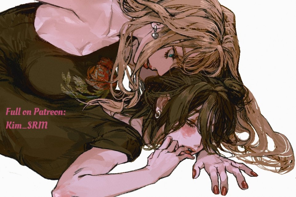 2girls, black_hair, black_shirt, blue_eyes, breast_press, breasts, brown_hair, cleavage