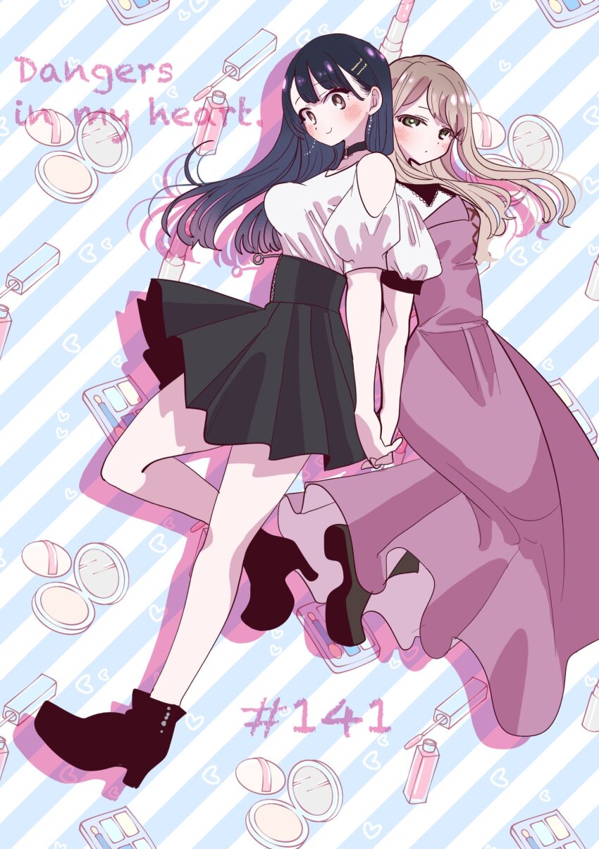 2girls, back-to-back, black_choker, black_hair, black_skirt, blonde_hair, blush, boku_no_kokoro_no_yabai_yatsu