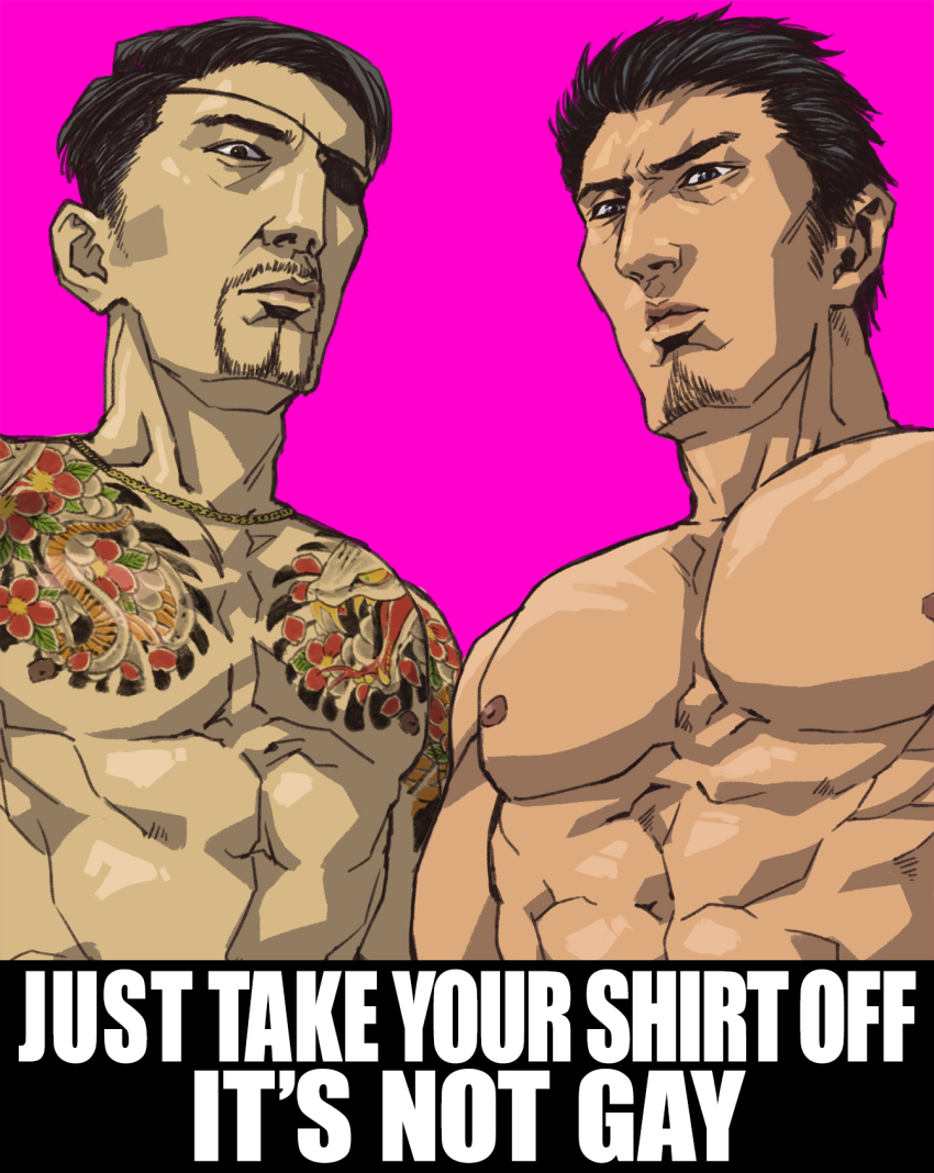 2boys, abs, black_hair, blank_stare, closed_mouth, donko_4147, english_text, eyepatch