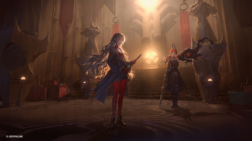 2girls, armor, astero_(ex_astris), banner, bare_shoulders, black_jacket, black_skirt, character_request