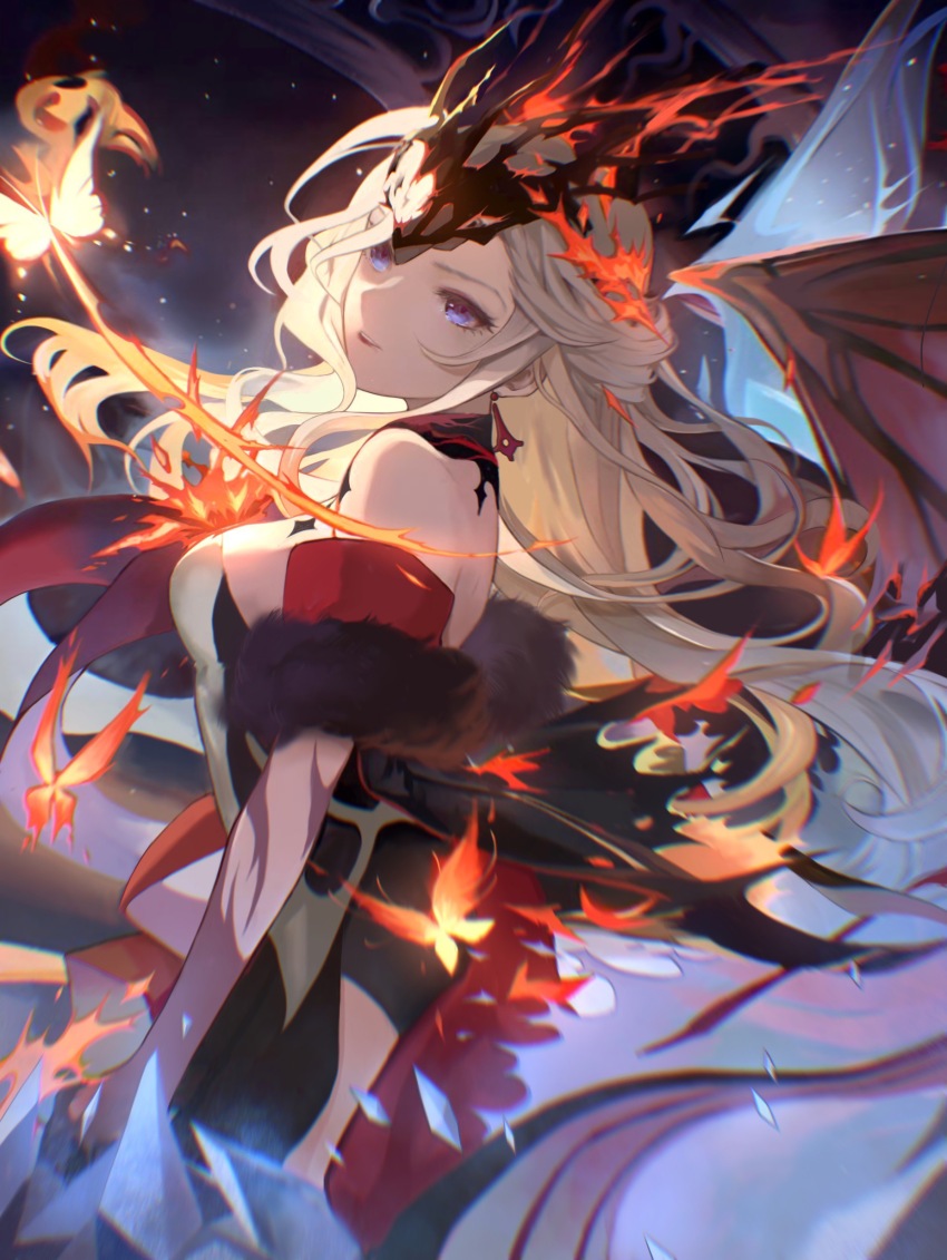 1girl, absurdres, bare_shoulders, black_mask, blonde_hair, blue_eyes, breasts, bug