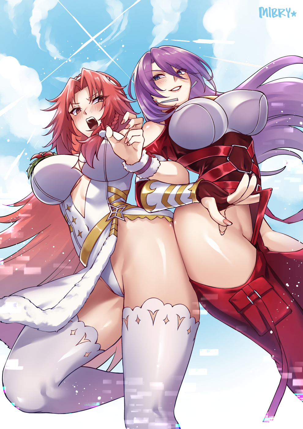 2girls, alternate_breast_size_(larger), amane_towa, arthur_pencilgon_(shangri-la_frontier), artist_name, ass-to-ass, blue_eyes, braid, breasts, clothing_cutout, covered_navel, crossover, earrings, fingernails, floating_earrings, gloves, groin, highres, hikasa_youko, hip_vent, impossible_clothes, iris_midgar, jewelry, kage_no_jitsuryokusha_ni_naritakute!, large_breasts, leotard, locked_arms, long_hair, looking_back, mibry_(phrysm), multiple_girls, no_panties, open_mouth, outdoors, parted_bangs, pink_hair, purple_hair, red_eyes, red_gloves, shangri-la_frontier, shoulder_cutout, skin_tight, smile, sunlight, teeth, thighhighs, thighs, upper_teeth_only, very_long_hair, voice_actor_connection, white_leotard, white_thighhighs