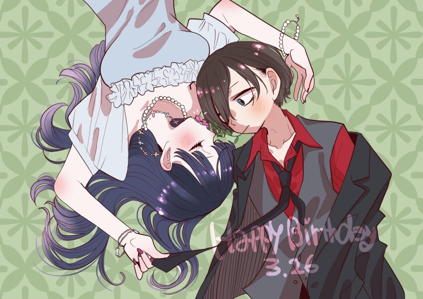 1girl, black_necktie, black_suit, black_vest, blue_dress, blue_eyes, blue_hair, blush