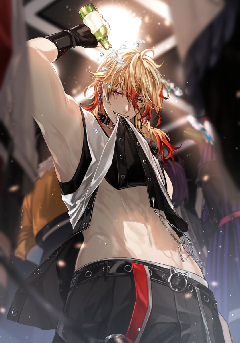 6+boys, alcohol, axel_syrios, axel_syrios_(2nd_costume), banzoin_hakka, black_choker, black_gloves, black_pants, blonde_hair, blue_eyes, bottle, choker, clothes_in_mouth, clothes_lift, crescent_(cgcrescent), ear_piercing, fangs, fingerless_gloves, gavis_bettel, gloves, groin, hair_between_eyes, highres, holding, holding_bottle, holostars, holostars_english, josuiji_shinri, layered_shirt, long_hair, looking_at_viewer, low_ponytail, machina_x_flayon, male_focus, multicolored_hair, multiple_boys, multiple_piercings, pants, piercing, ponytail, pouring, pouring_onto_self, red_hair, regis_altare, shirt, shirt_lift, sleeveless, sleeveless_shirt, smile, solo_focus, stomach, streaked_hair, teeth, virtual_youtuber
