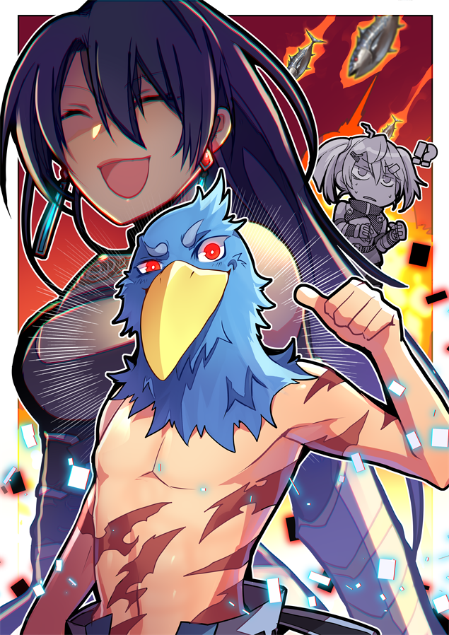 !?, 1boy, 2girls, amane_towa, arthur_pencilgon_(shangri-la_frontier), commission, earrings, emon-yu