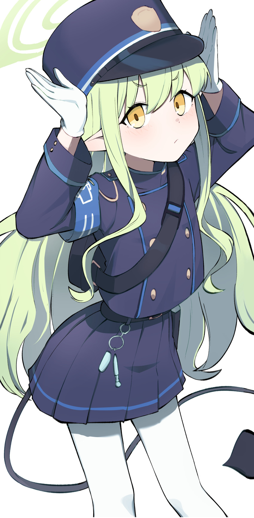 1girl, absurdres, black_hat, black_shirt, black_skirt, black_tail, blue_archive, blush