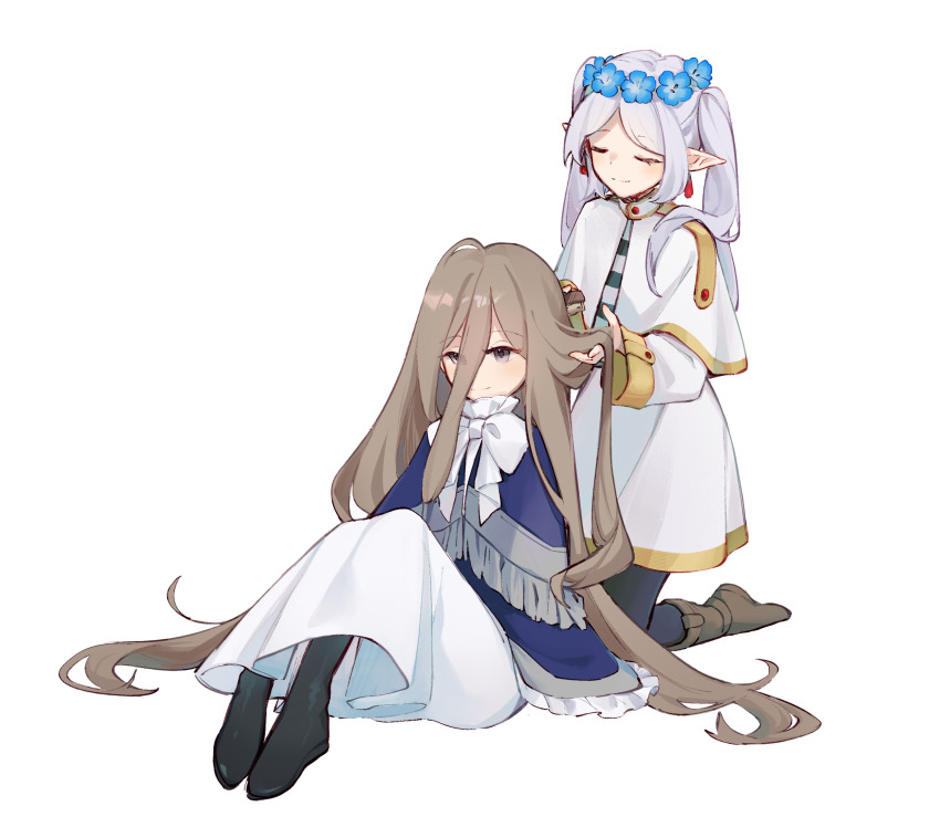 2girls, black_pantyhose, blue_capelet, blue_flower, boots, bow, brown_footwear, brown_hair