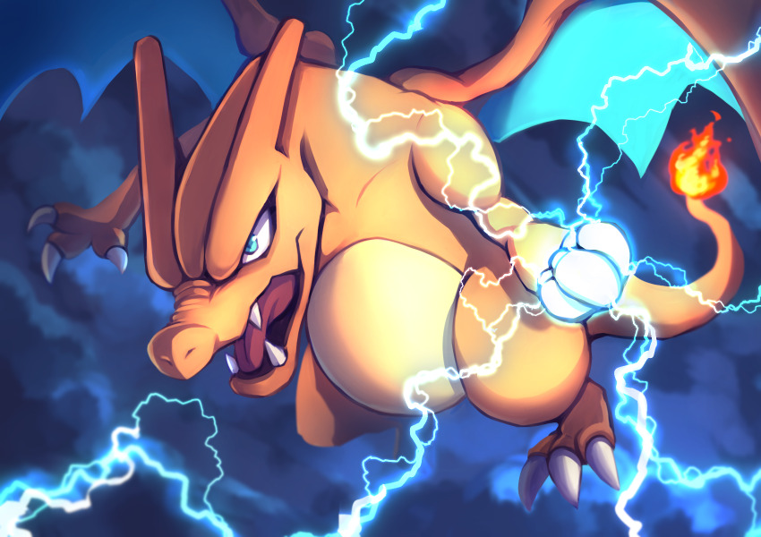 animal_focus, blue_eyes, charizard, dragon, dragon_tail, dragon_wings, fire, flame-tipped_tail