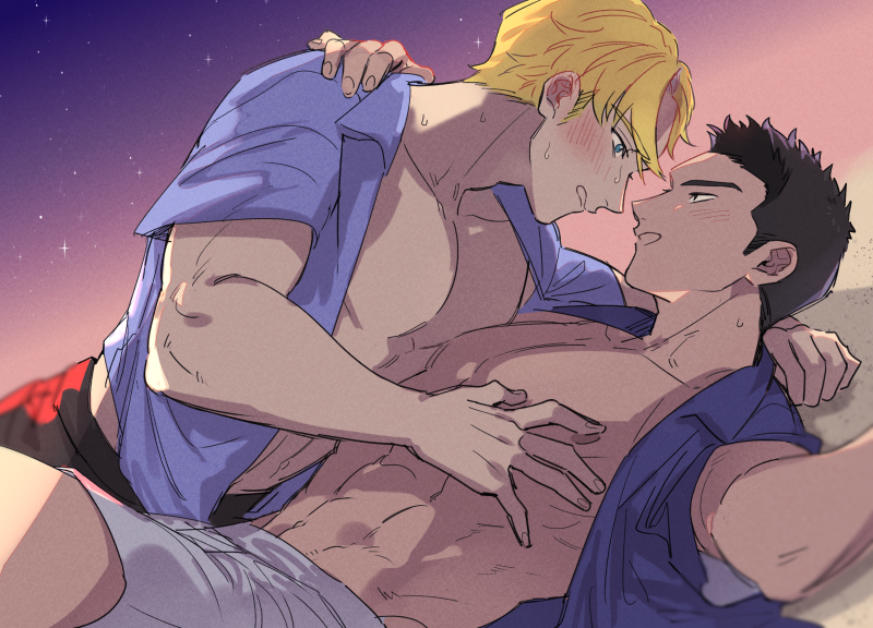 2boys, ao_isami, bare_pectorals, black_hair, blonde_hair, blush, couple, cowboy_shot