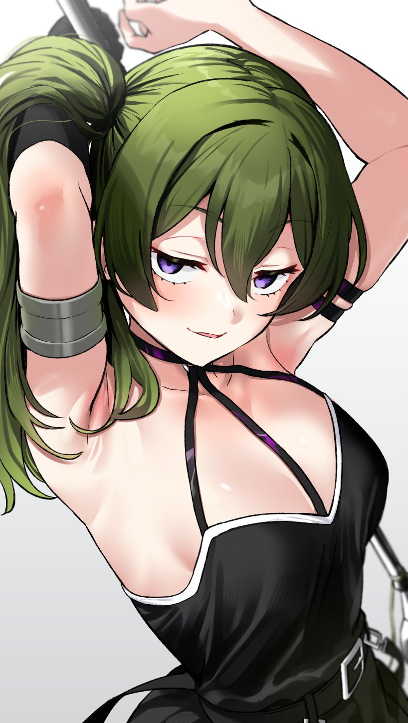 1girl, armband, armlet, armpits, arms_up, belt, black_belt, black_dress