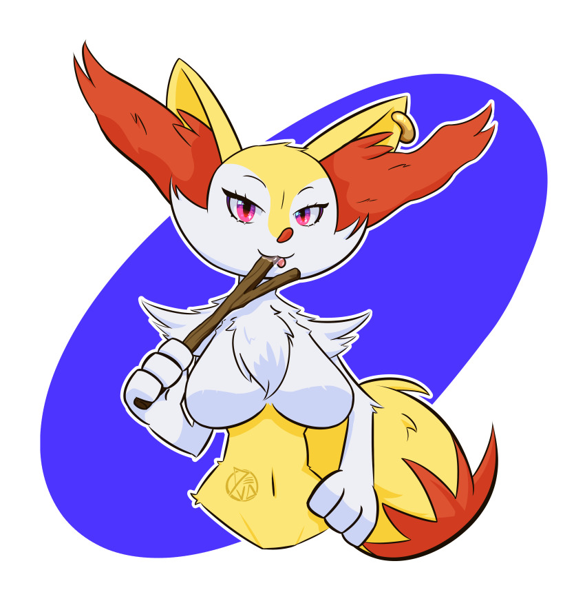 1girl, absurdres, animal_ear_fluff, animal_ears, animal_hands, animal_nose, artist_name, blue_background, body_fur, braixen, breasts, closed_mouth, cropped_torso, deva.png, earrings, female_focus, fox_ears, fox_girl, fox_tail, furry, furry_female, gen_6_pokemon, half-closed_eyes, hand_on_own_hip, hand_up, happy, highres, holding, holding_stick, jewelry, large_breasts, licking, looking_at_viewer, navel, neck_fur, nintendo, no_nipples, outline, pink_eyes, pokemon, pokemon_(creature), saliva, signature, single_earring, smile, solo, standing, stick, stomach, tail, tongue, tongue_out, two-tone_background, two-tone_fur, upper_body, white_fur, white_outline, yellow_fur