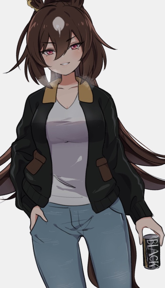 1girl, animal_ears, black_jacket, blush, breasts, brown_hair, can, commentary_request