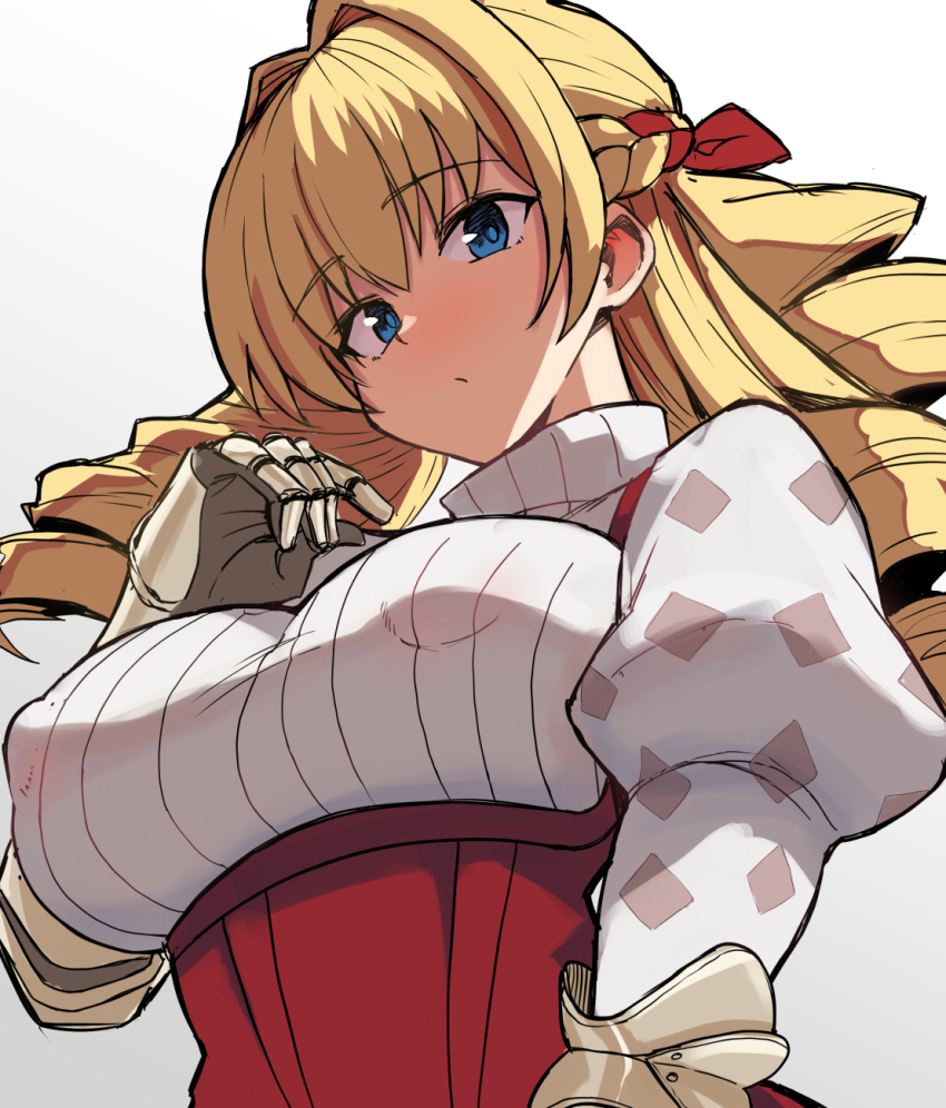 1girl, blonde_hair, blue_eyes, breasts, commentary, covered_erect_nipples, drill_hair, english_commentary, eyelashes, from_below, hair_between_eyes, hair_intakes, highres, juliet_sleeves, large_breasts, long_hair, long_sleeves, looking_at_viewer, puffy_nipples, puffy_sleeves, rein_(rafael_3682), scarlett_(unicorn_overlord), solo, sweater, unicorn_overlord, upper_body, white_background, white_sweater