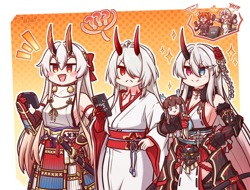 5girls, acheron_(honkai:_star_rail), acheron_(izumo)_(honkai:_star_rail), black_gloves, blue_eyes, blush_stickers, body_markings, cellphone, character_doll, controller, counter:side, crossover, doll, fate/grand_order, fate_(series), flower, fujimaru_ritsuka_(female), fujimaru_ritsuka_(female)_(polar_chaldea_uniform), game_controller, gauntlets, gloves, grey_hair, hair_flower, hair_ornament, heterochromia, high_five, highres, honkai:_star_rail, honkai_(series), horns, japanese_clothes, jitome, katana, kimono, long_hair, look-alike, mhunter_45, multiple_crossover, multiple_girls, nanahara_chifuyu, nanahara_chinatsu, orange_hair, phone, polka_dot, polka_dot_background, red_eyes, signature, smartphone, smile, sparkle, sword, tomoe_gozen_(fate), tomoe_gozen_(third_ascension)_(fate), trailblazer_(honkai:_star_rail), weapon, white_hair, white_kimono