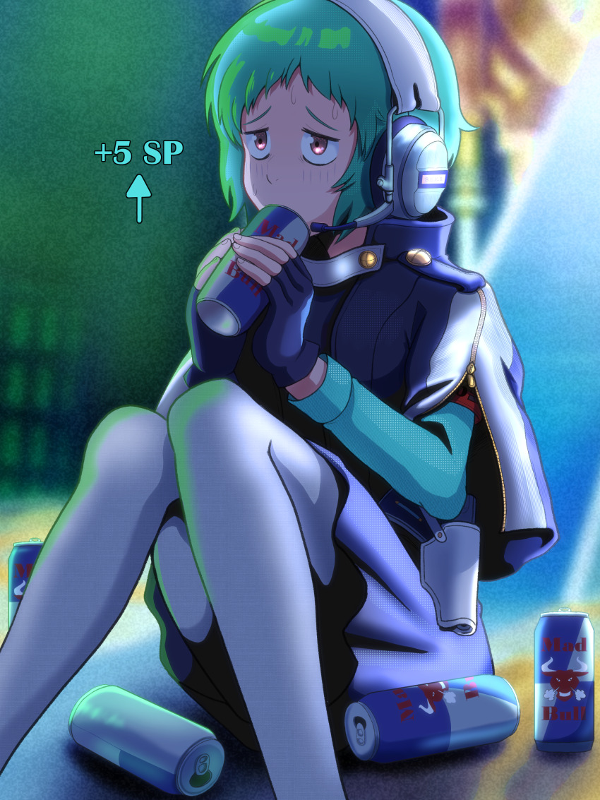 1girl, absurdres, amaterasu_(amaterasu1), aqua_hair, blurry, blurry_background, blush, brand_name_imitation, brown_eyes, can, commentary, drink, drink_can, english_commentary, english_text, feet_out_of_frame, fingerless_gloves, full_body, gloves, headphones, headset, highres, knees_up, on_ground, persona, persona_3, persona_3_reload, pleated_skirt, red_bull, s.e.e.s, short_hair, sitting, skirt, solo, sweat, yamagishi_fuuka