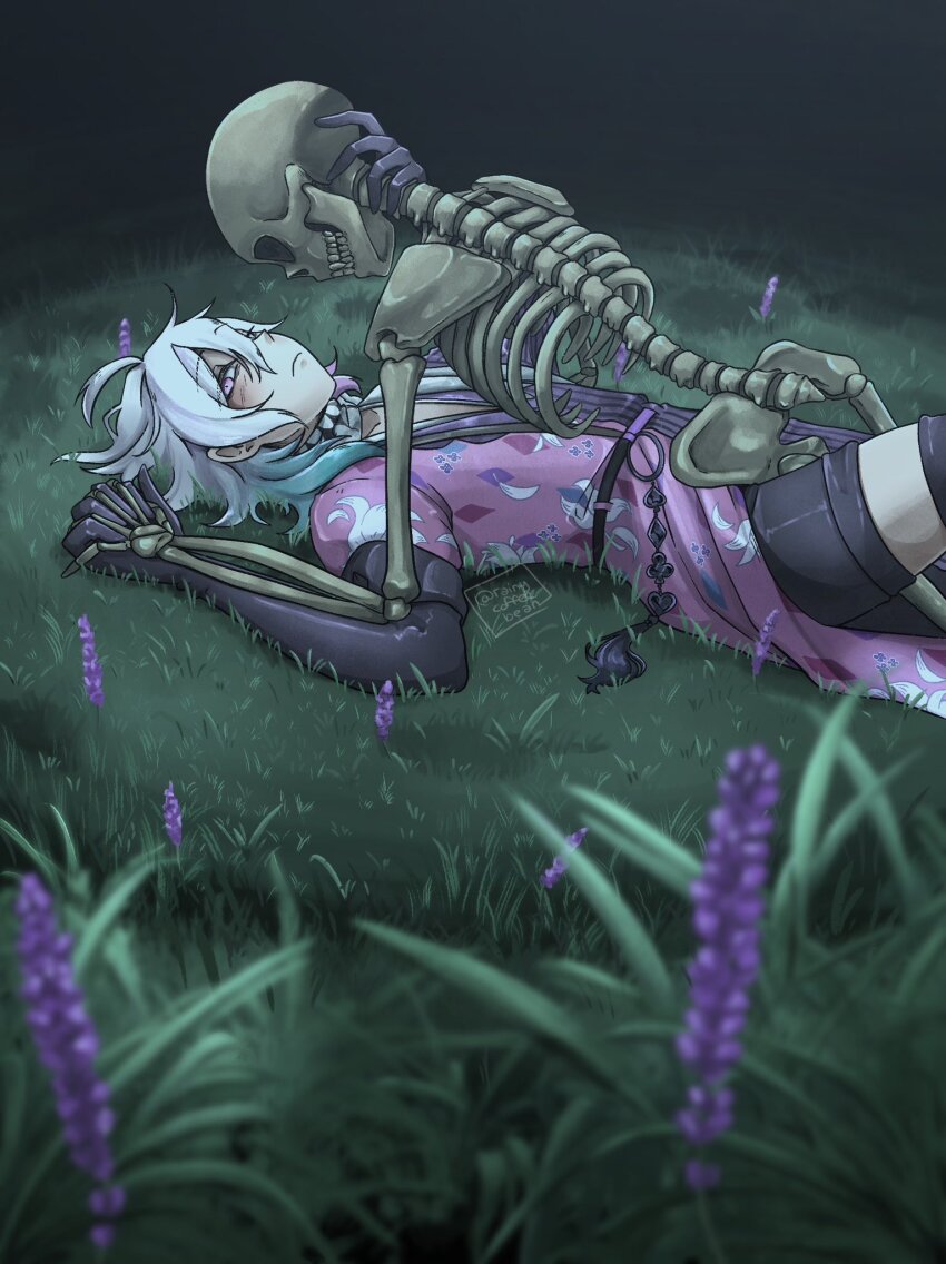 1boy, argyle_clothes, argyle_coat, black_gloves, black_shorts, black_thighhighs, blue_hair, blush