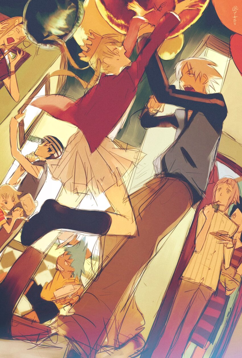 1other, 3boys, 4girls, androgynous, ann_yasu_d, balloon, black_hair, black_star