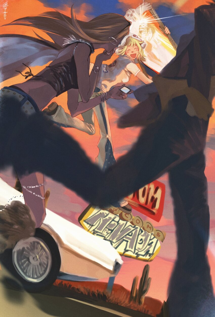 1boy, 2girls, ann_yasu_d, black_hair, blonde_hair, breasts, cactus, car