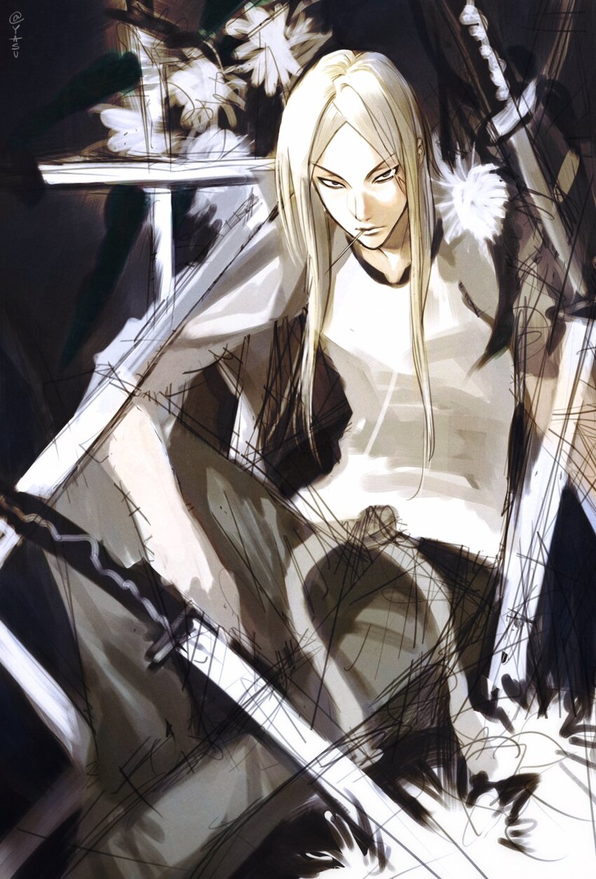 1boy, ann_yasu_d, blonde_hair, highres, jacket, katana, long_hair, long_sleeves