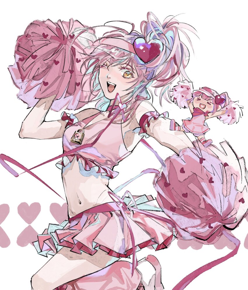 >_<, 2girls, amulet_heart, armlet, arms_up, commentary_request, dress, frilled_skirt