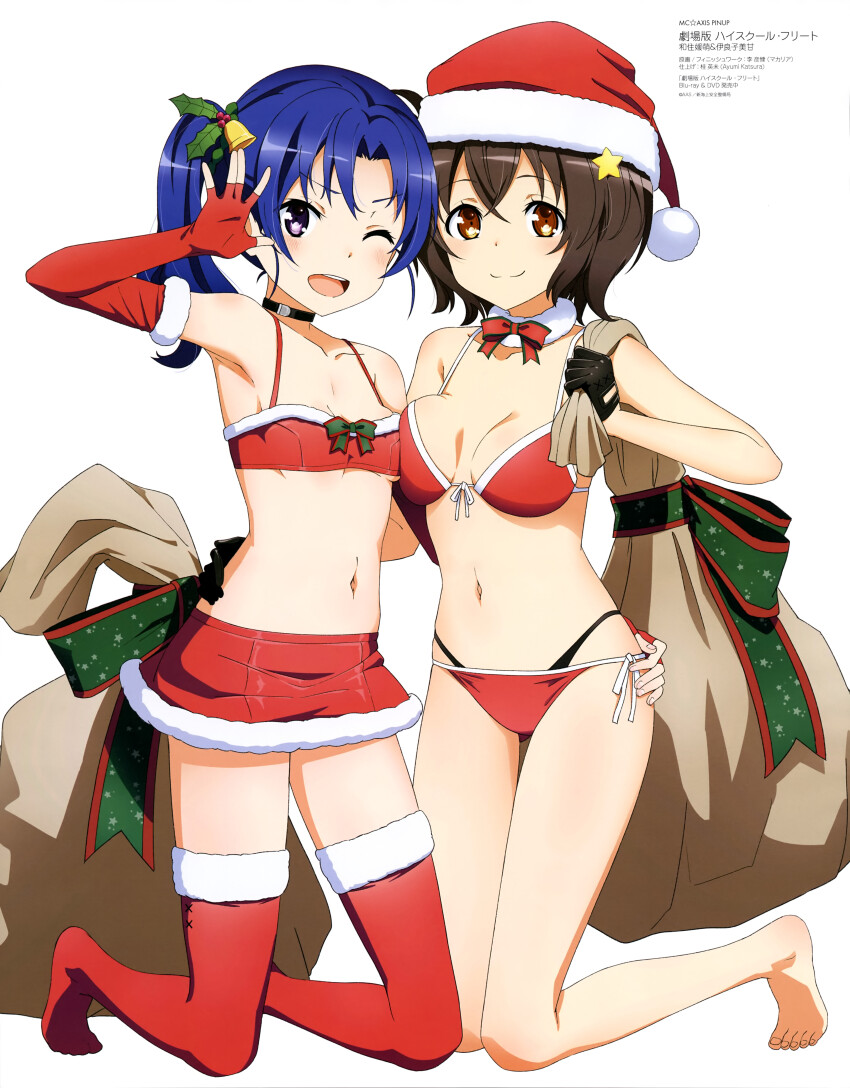 2girls, ;d, absurdres, asymmetrical_docking, bare_shoulders, barefoot, bell, bikini