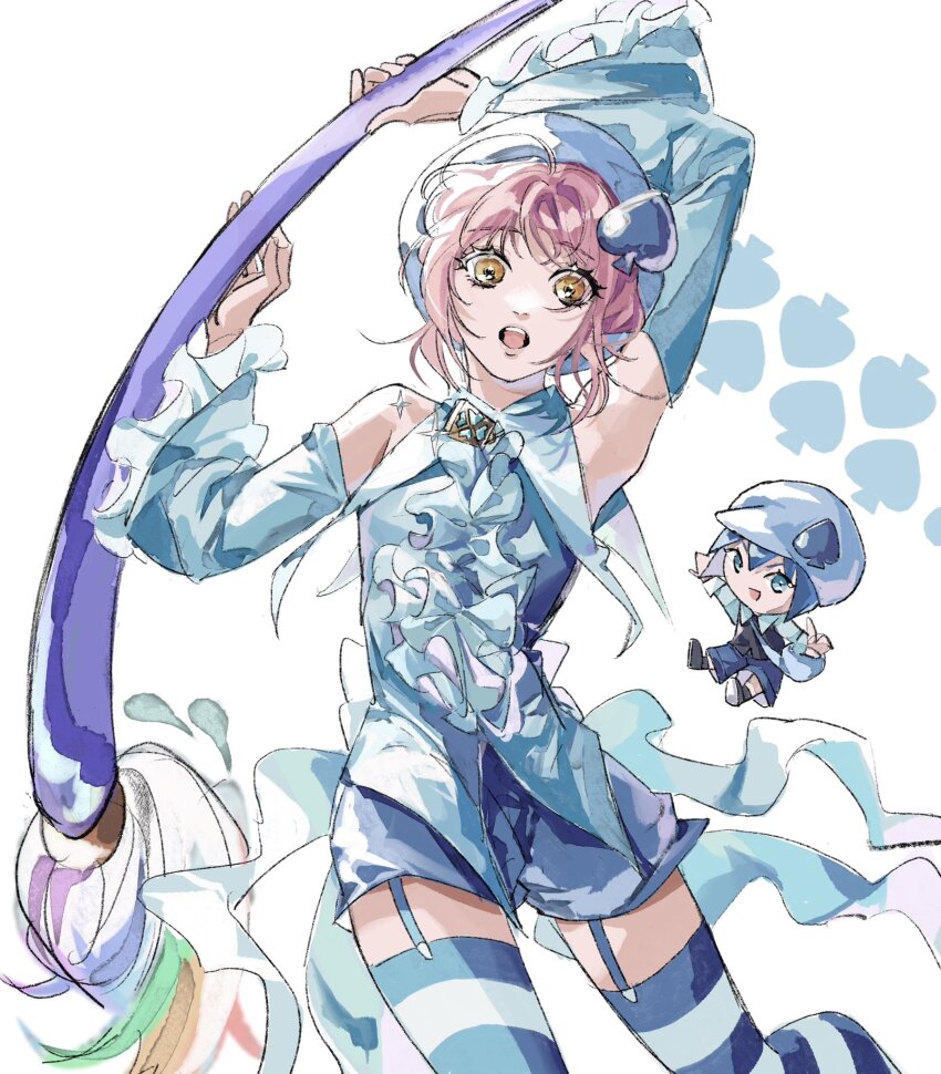 2girls, amulet_spade, bag, blue_hair, blue_hat, blue_shirt, blue_shorts, commentary_request