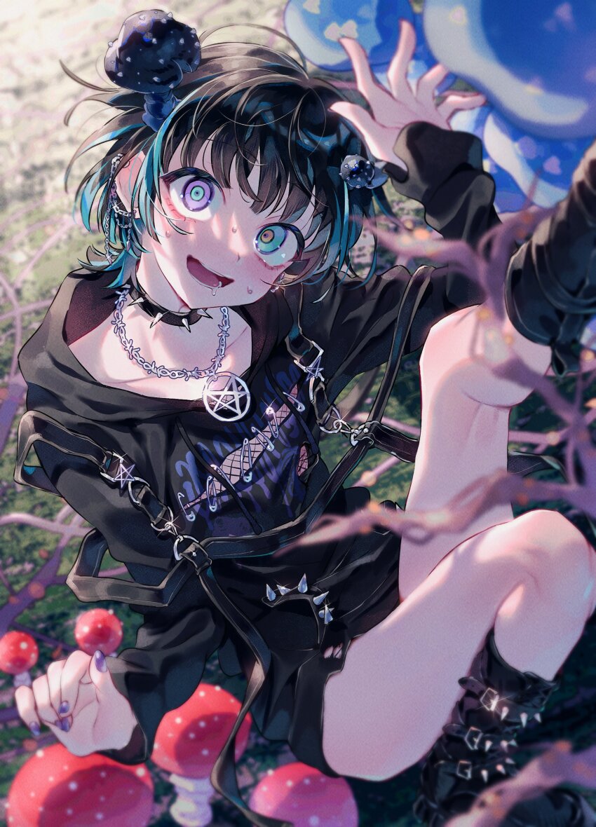 1girl, absurdres, aqua_eyes, aqua_hair, bags_under_eyes, barbed_wire, black_footwear, black_hair, black_hoodie, blurry, blurry_background, bright_pupils, collar, commentary_request, dot_nose, drugged, ear_chain, feet_out_of_frame, floating_hair, fly_agaric, from_above, harness_belt, head_tilt, heterochromia, highres, hood, hoodie, indie_virtual_youtuber, jewelry, kinokoma_tango, leg_up, light_blush, linked_piercing, looking_at_viewer, loose_hair_strand, multicolored_hair, mushroom, mushroom_on_head, nail_polish, necklace, open_mouth, orange_eyes, pentagram_necklace, purple_eyes, purple_nails, rabbit_monster, safety_pin, saliva, smile, solo, spiked_boots, spiked_collar, spikes, sweat, teeth, torn_clothes, two-tone_hair, virtual_youtuber, wolf_cut