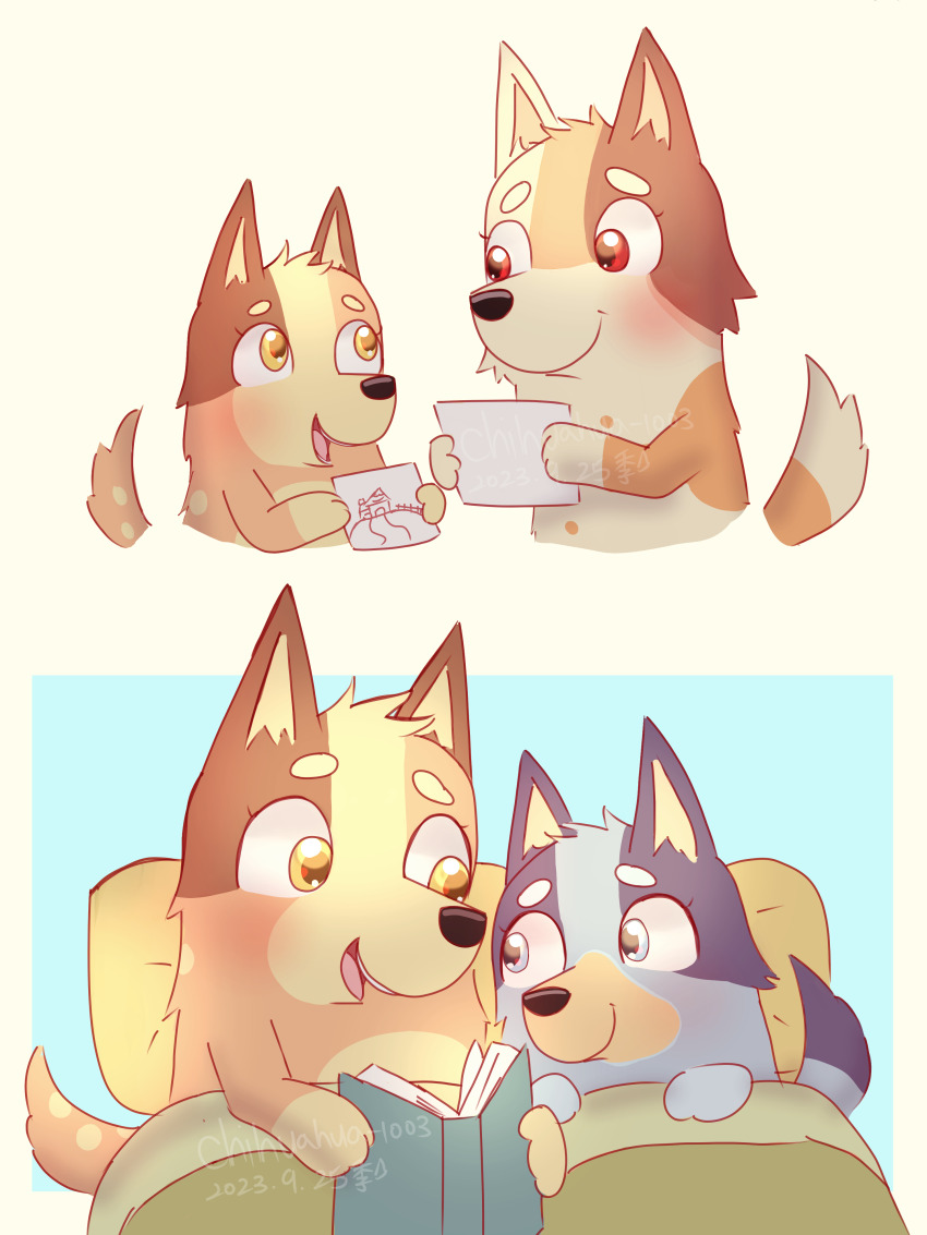 3girls, absurdres, animal_ears, artist_name, bingo_heeler, black_fur, blue_fur, bluey