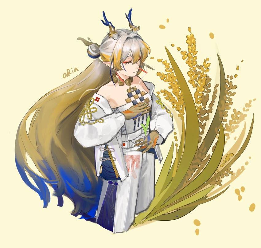 1girl, absurdres, arin_(aaua8438), arknights, artist_name, bare_shoulders, belt, blonde_hair