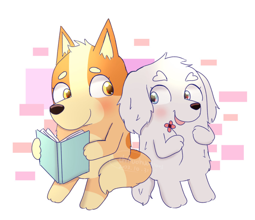 2girls, animal_ears, artist_name, bingo_heeler, bluey, blush, chihuahua-1003, chinese_commentary, dog_ears, dog_tail, flower, highres, holding, holding_flower, lila_(bluey), looking_at_another, multiple_girls, no_humans, reading, simple_background, tail, two-tone_fur, white_fur, yellow_fur