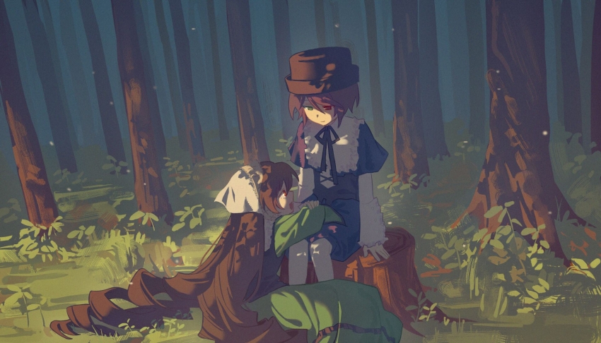 :d, arm_rest, black_hat, blue_capelet, blue_shorts, brown_hair, capelet, dappled_sunlight, day, dress, drill_hair, eye_contact, forest, frilled_capelet, frills, from_side, grass, green_dress, green_eyes, hair_between_eyes, hat, headscarf, heterochromia, highres, leaning_on_person, long_hair, long_sleeves, looking_at_another, mipaihere, nature, neck_ribbon, open_mouth, outdoors, pantyhose, red_eyes, ribbon, rozen_maiden, short_hair, shorts, siblings, sisters, sitting, on_tree_stump, smile, souseiseki, suiseiseki, sunlight, tree_stump, twin_drills, twins, white_headscarf, white_pantyhose