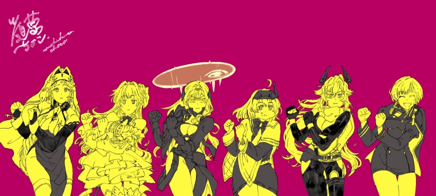 6+girls, ahoge, armored_bodysuit, bare_shoulders, bling-bang-bang-born_(creepy_nuts), bow, bracelet, breasts