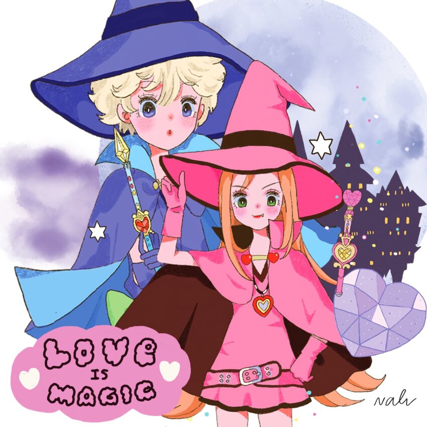 2610october, 2girls, belt, blonde_hair, cape, chocolat_meilleure, commentary_request, cowboy_shot, diamond_(shape), dress, fang, gloves, green_eyes, hand_on_headwear, hand_on_own_hip, hat, heart, heart_pendant, highres, long_hair, mixed-language_commentary, multiple_girls, orange_hair, pink_belt, pink_cape, pink_dress, purple_cape, purple_dress, purple_eyes, purple_gloves, purple_hat, short_hair, sugar_sugar_rune, vanilla_mieux, witch, witch_hat