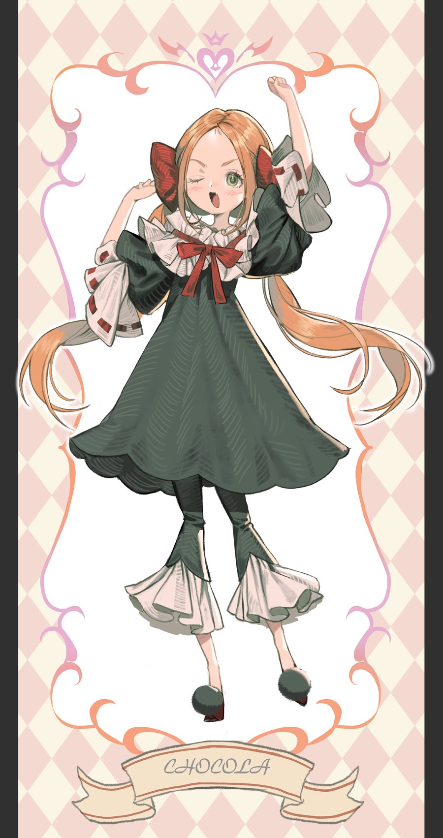 1girl, anjeu_(anz8888), arms_up, black_dress, black_pajamas, black_pants, bow, character_name, chocolat_meilleure, commentary, dress, frilled_dress, frills, full_body, green_eyes, hair_bow, highres, one_eye_closed, orange_hair, pajamas, pants, pillarboxed, red_bow, red_ribbon, ribbon, sidelocks, solo, sugar_sugar_rune, twintails