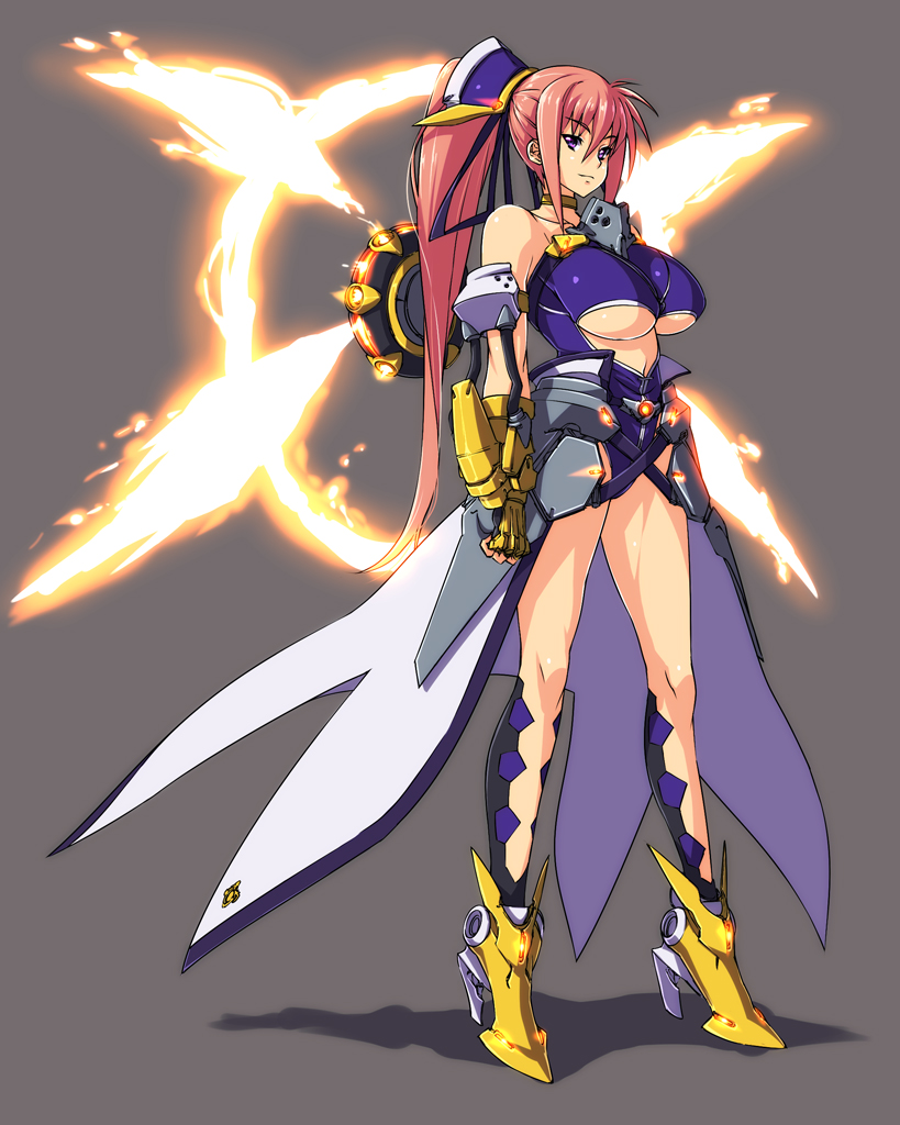 00s, 1girl, alternate_weapon, armor, bare_shoulders, boots, breasts, center_opening, choker, female_focus, fingerless_gloves, fire, full_body, gauntlets, gloves, glowing, hair_ornament, high_heels, laevatein_(nanoha), large_breasts, legs, leotard, long_hair, long_legs, lyrical_nanoha, magical_girl, mahou_shoujo_lyrical_nanoha, mahou_shoujo_lyrical_nanoha_a's, mahou_shoujo_lyrical_nanoha_strikers, nekomamire, pink_hair, ponytail, purple_eyes, red_hair, shadow, shoes, signum, simple_background, skirt, solo, standing, underboob, unison_(nanoha), very_long_hair, weapon, wings