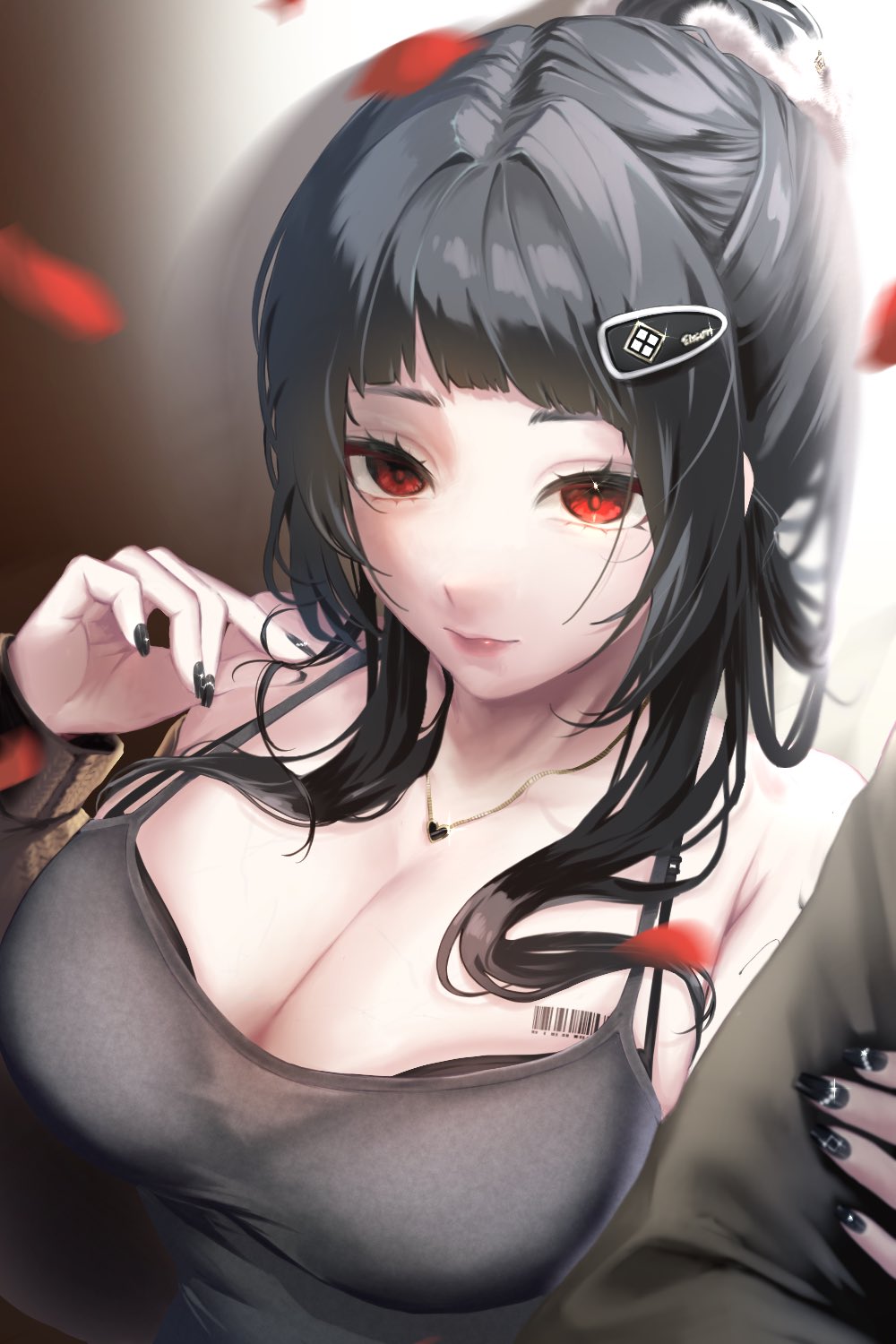 1boy, 1girl, barcode, barcode_tattoo, bare_shoulders, black_bra, black_dress, black_hair