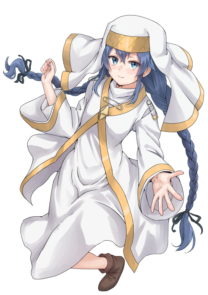 1girl, blue_eyes, blue_hair, braid, closed_mouth, commentary_request, cosplay, dress, full_body, habit, hair_between_eyes, highres, index_(toaru_majutsu_no_index), index_(toaru_majutsu_no_index)_(cosplay), long_hair, looking_at_viewer, mushoku_tensei, nun, nun_headdress, outstretched_hand, roxy_migurdia, safety_pin, smile, solo, syagare, toaru_majutsu_no_index, twin_braids, veil, white_background, white_dress, white_veil