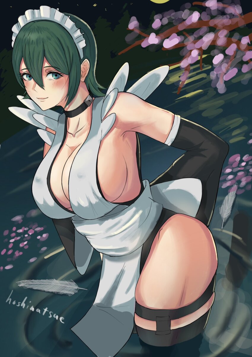 1girl, arms_behind_back, artist_name, blush, breasts, cherry_blossoms, cleavage, curvy, feathers, green_eyes, green_hair, highres, hoshinatsue, iroha_(samurai_spirits), large_breasts, legs, looking_at_viewer, maid, maid_headdress, samurai_spirits, sideboob, smile, snk, solo, thick_thighs, thighhighs, thighs, water, wide_hips