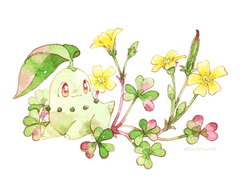 animal_focus, artist_name, chako_(parusminor30), chikorita, closed_mouth, colored_skin, commentary_request, flower