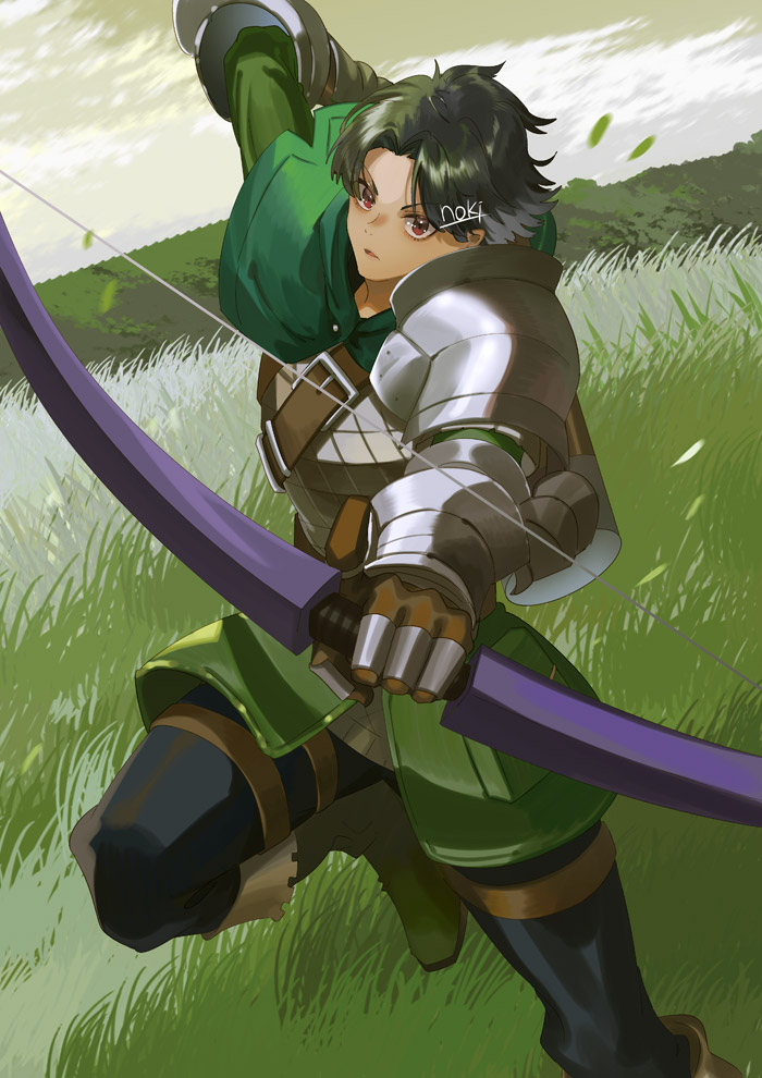 1boy, armor, boots, bow_(weapon), cloak, commentary_request, grass, green_boots