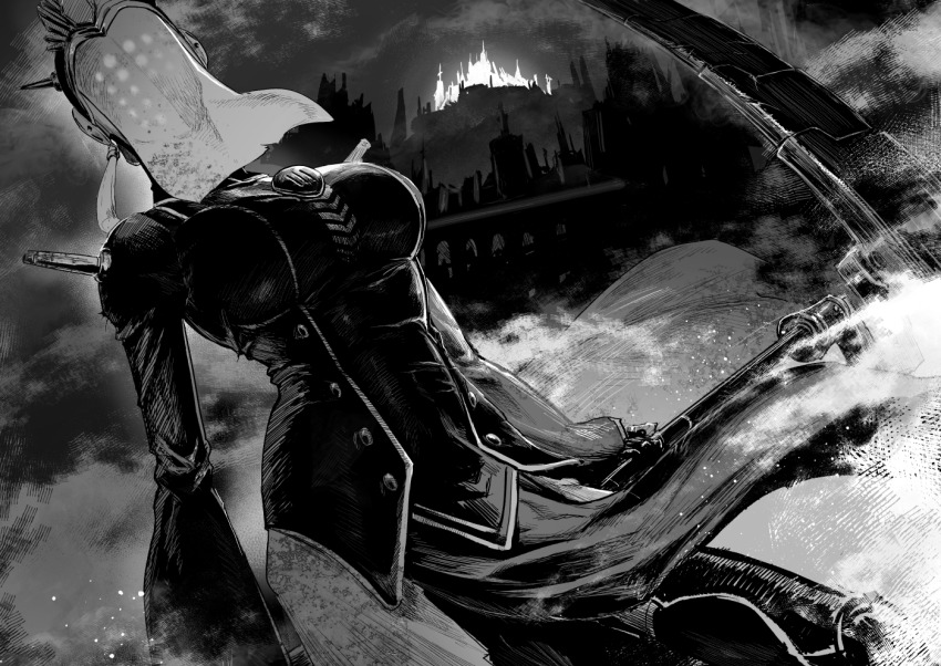 1girl, breasts, cityscape, commentary, covered_face, dress, ender_lilies_quietus_of_the_knights, ender_magnolia_bloom_in_the_mist, facing_viewer, gloves, greyscale, holding, holding_scythe, ichiren_takushou, large_breasts, mask, monochrome, night, scythe, sky, smoke, solo, spirit_reaper_(ender_magnolia), steampunk, veil