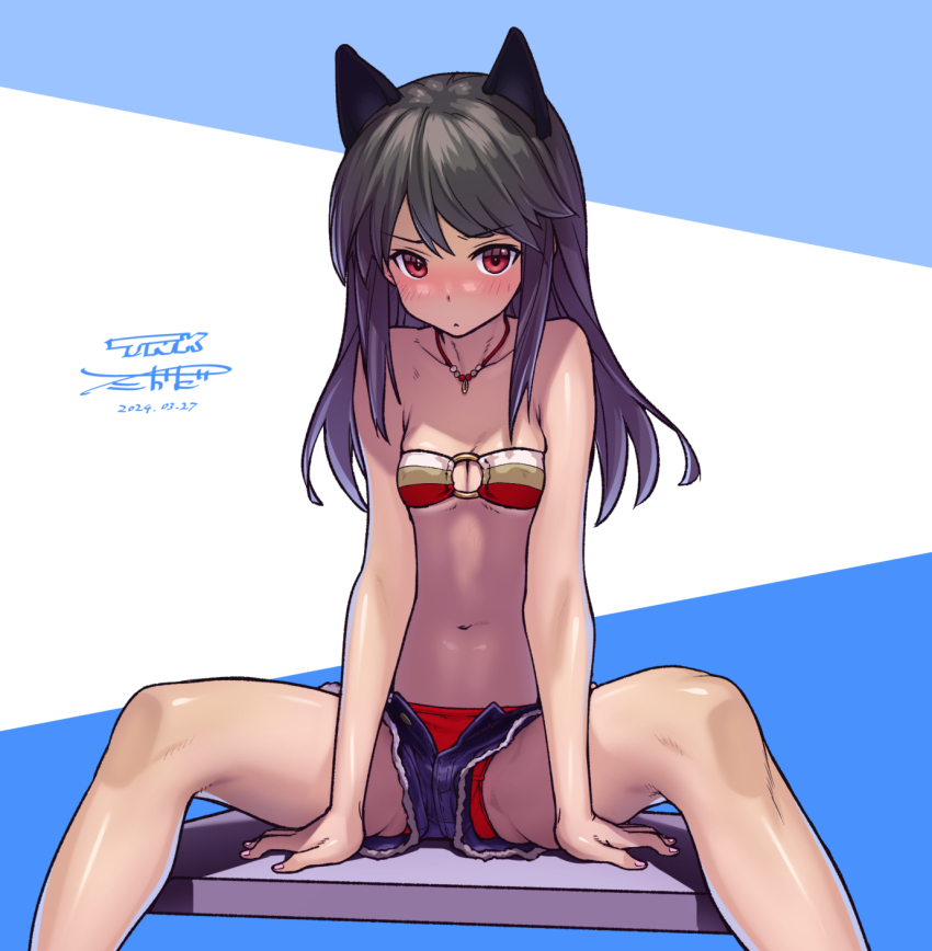 1girl, alice_gear_aegis, animal_ears, bikini, bikini_bottom_under_shorts, bikini_under_clothes, black_hair, blush, breasts, cutoffs, dated, highres, jewelry, jinguuji_mari, long_hair, looking_at_viewer, navel, necklace, o-ring, o-ring_bikini, red_eyes, shorts, signature, sitting, small_breasts, solo, spread_legs, strapless, strapless_bikini, swimsuit, takada_kazuhiro
