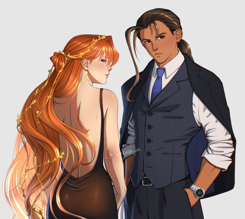 1boy, 1girl, alternate_costume, ass, back, belt, black_jacket, black_pants, blue_eyes, blue_necktie, brown_eyes, brown_hair, closed_mouth, collared_shirt, commentary, dark-skinned_male, dark_skin, dress, elhaym_van_houten, fei_fong_wong, formal_clothes, hands_in_pockets, jacket, linnaealyn, long_hair, looking_back, necktie, open_clothes, open_jacket, orange_hair, pants, shirt, simple_background, suit, watch, white_background, white_shirt, wristwatch, xenogears