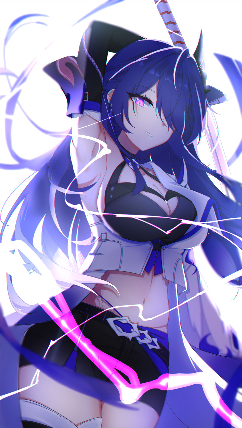 1girl, absurdres, acheron_(honkai:_star_rail), akar1, arm_up, armpits, black_gloves, black_shorts, breasts, cleavage, coat, commentary_request, cowboy_shot, elbow_gloves, female_focus, gloves, hair_over_one_eye, highres, holding, holding_sword, holding_weapon, honkai:_star_rail, honkai_(series), katana, large_breasts, long_hair, midriff, navel, parted_lips, purple_eyes, purple_hair, short_shorts, shorts, solo, standing, stomach, sword, thighs, very_long_hair, weapon, white_coat