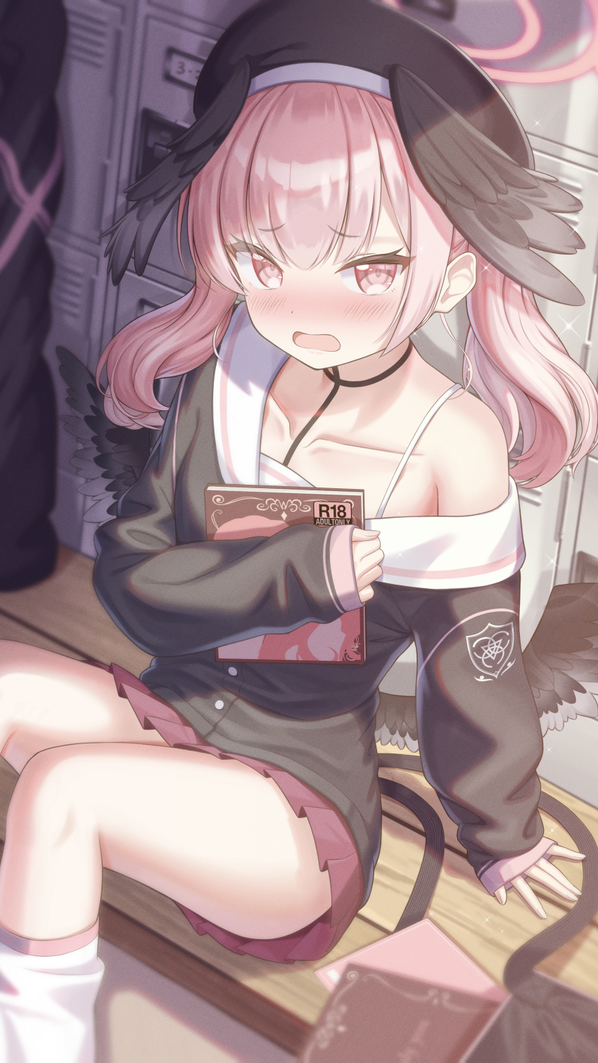 1girl, absurdres, beret, black_hat, black_shirt, black_wings, blue_archive, blush